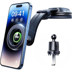 YRU 2025 Upgrade Mobile Phone Holder Car Magnet for MagSafe Car Mount, Military Class Suction Cup & Ventilation Hooks, Mobile Phone Holder Car for Dashboard Disc for iPhone Android, Black