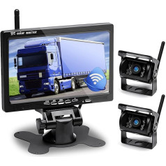 Hikity Wireless Reversing Camera 7 Inch Camper Set with 2 Split Rear Cameras with Night Vision IP67 Waterproof + Video Recording for Trucks, Trailers, Buses, Cars, Motorhomes, Vans 12V-24V