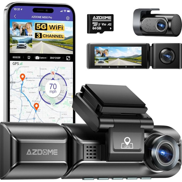 AZDOME M550 3 Lens 4K Dash Cam Car 2.5K+ 1080P+ 1080P Front Rear Interior with 64GB SD Card, WiFi, GPS, Super Night Vision, Parking Monitoring, Loop Recording, WDR, G Sensor, 3.19 Inch Heat Resistant