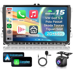 2G & 64G VECHTEL 9 Inch Car Radio for VW Golf 5 6 Polo Passat Skoda Touran Tiguan Seat with Carplay Android Car, Android 15, Touchscreen Bluetooth HiFi/RDS/FM Radio, WiFi Navi/AHD Reversing Camera