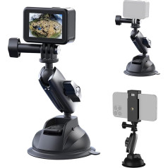 TELESIN Suction Cup Car Mount with Phone Clip for GoPro Hero 13 12 11 10 9 8 7 6 5 Insta360 X4 X3 Go 3 DJI Action 4 3 Accessories, Aluminium Suction Cup Holder for Windscreen Dashboard