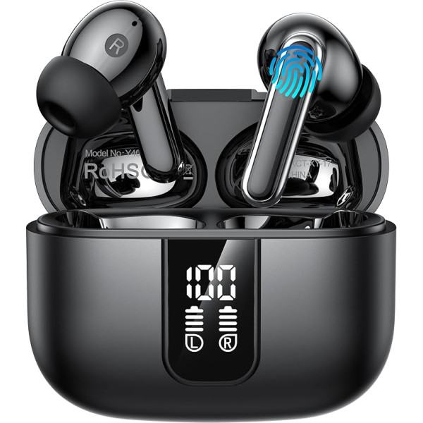 FuJiaXin Wireless Earbuds, 2025 Bluetooth 5.3 HiFi Stereo Headphones with 4 ENC Noise Cancelling Microphones, 40 Hours Playtime, IP7 Waterproof, Dual LED Display, USB-C Q2