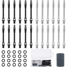 Aluminium-Dart-Schäfte für Dartpfeile, Stahlspitze, weiche Spitze, Dart-Zubehör, 5,9 cm, Hartmetall-Dart-Schäfte mit Gummi-O-Ringen, Dartschärfer für Sport, Outdoor, Dart-Flight (schwarz, silber), 24