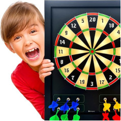 HMmagnets Large and Safe Magnetic Dartboard (Wooden Frame) for Kids and Adults - Fun Game for Up to 4 Players - Includes 12 Colourful Darts + Dry Erase Score Board (2