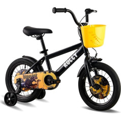 RULLY Dinosaur 16 Inch Boys Bicycle for Children Aged 4-7 Years, Black/Yellow, with Removable Stabilisers, Coaster Brake and Handbrake, Basket