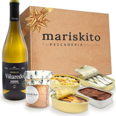 MARISKITO | Gourmet Gift Box - 5 Galician Preserves and Bottle of Godello Viñaredo Wine - Christmas Sets Anniversaries Celebrations - La Mar de Especial