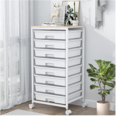 SYKIARIOL Bathroom Trolley with 8 Drawers, Drawer Trolley, Rolling Container with Wooden Table Top for Living Room, Bedroom, Office, Large Capacity Craft Trolley, White