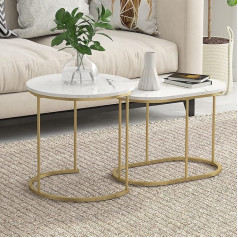 SDHYL Set of 2 Coffee Tables, White Faux Marble Side Tables, Sofa Table, Side Table, Nesting Coffee Tables for Living Room, Bedroom, Office (White & Gold)