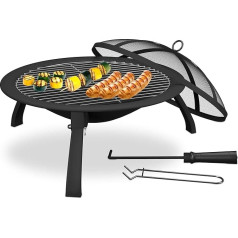 Relaxdays Fire Bowl, Diameter Bowl 51 cm, Folding Legs, Grill Grate, Spark Protection, Poker, Garden Fire Pit, Black