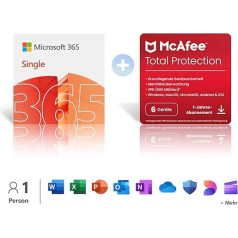 Microsoft 365 Single │ 1 Jahr | 1 Person │ Office Apps mit KI | 1 TB Cloudspeicher + McAfee Total Protection │ 1 Jahr | 6 Geräte │ Aktivierungscodes per E-Mail