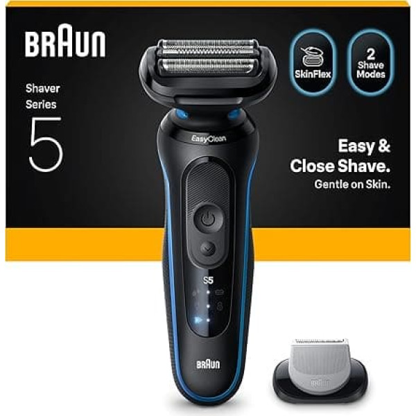 Braun Series 5 Men's Electric Shaver with 50 Minutes Battery Life with Body Grooming Attachment, Wireless Wet and Dry Razor for Men, Waterproof, 52-B1600s, Blue