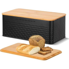Chuboir Bread Bin, Metal Bread Box with Bamboo Lid, Can Be Used as Chopping Board, Bread Storage Container Holder for Kitchen Countertop, 33 x 17.8 x 13.5 cm (Black)