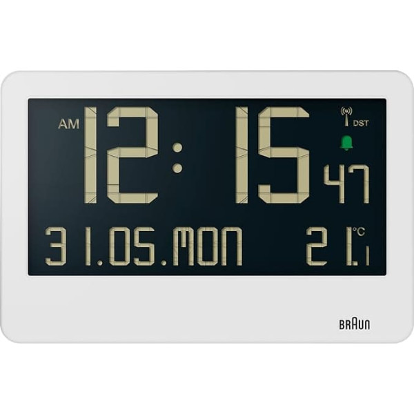 Braun Central European Time Zone (DCF) Digital Radio Wall Clock with Indoor Temperature, Date, Day of the Week, Large Inverted LCD Display, Crescendo Beep Alarm in White, Model BC14W-DCF