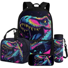 Dngkaoje Kinder-Rucksack-Set, 4-teilig, Büchertasche mit isolierter Lunchtasche, Federmäppchen, Wasserflaschenhülle, Schöner Dinosaurier-Stil