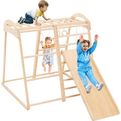 Siairo 8-in-1 Indoor Climbing Frame for Children, Indoor Playground Jungle Gym, Wooden Climbing Playset with Slide, Swing, Monkey Bars, Climbing Wall, Climbing Rope, Playground for Children's Room