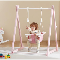 FUNLIO Wooden Swing for Toddlers 6-36 Months, Portable Toddler Swing with 4 Sandbags, Foldable Baby Swing Set with Durable Pine, Kids Swing for Indoor/Outdoor - Pink
