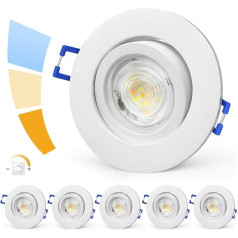 LED Recessed Spotlight 230 V Dimmable: 3CCT 5 W IP44 Matt Aluminium Ultra Flat Recessed Lights with Removable LED Module, 45° Swivelling Recessed Spotlights, Warm White, Natural White, Cool White