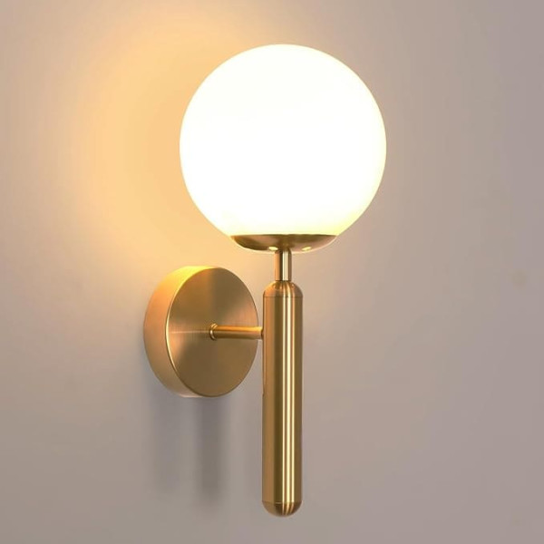 Goeco Modern Indoor Wall Light, E27 Gold Wall Lamp with Glass Lampshade, Diameter 15 cm, Decorative Wall Lighting for Bedroom, Living Room, Bedside, Dining Room and Hotel