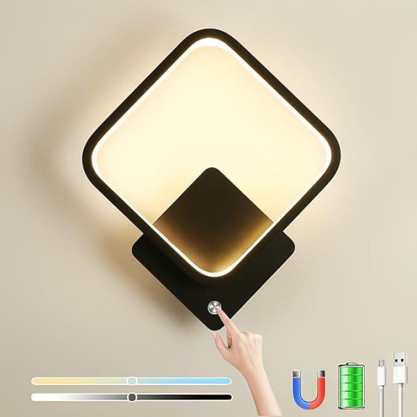 LED Wall Light Indoor Battery Wall Lamp Touch Dimmable Bedside Lamp with Switch without Power Connection Wireless Rechargeable USB Magnetic Wall Light for Bedroom Kitchen Living Room with 4000 mAh