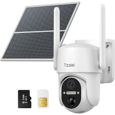 Tzziel 3G/4G LTE Outdoor Security Camera, Wireless Solar Powered PTZ IP Camera with 2K Color Night Vision without Wi-Fi, Battery Capacity 10400mAh, 355°/100° Swivel, PIR Detection