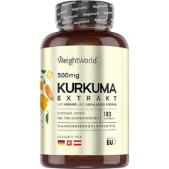 Turmeric Extract Capsules - 500 mg Curcuma Extract - 180 Pieces for 6 Months - Curcumin with 20 mg Ginger & 600 mg Black Pepper - 1 Capsule Daily - Curcumin - WeightWorld