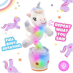 Hopearl Luminous Dancing Unicorn Toy Repeated Talking Toy Wiggle Singing Imitating Rotating Electric Light An Interactive Animated Gifts for Children, White, 37 cm