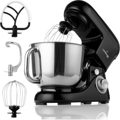 Lehmann Planetary Food Processor with Stainless Steel Bowl 5 L, Multifunctional Mixer, 2200 W, 6 Speed Dough Machine, Includes Splash Guard Lid, Dough Hook and Whisk (Black)