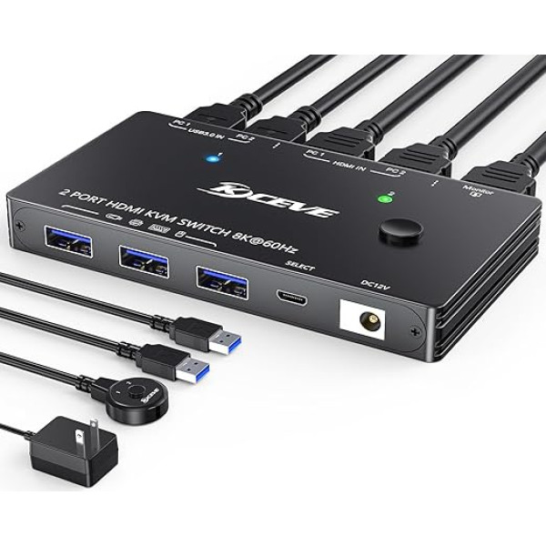 8K USB 3.0 KVM Switch HDMI 8K @ 60Hz 4K @ 120Hz, MLEEDA HDMI 2.1 KVM Switches for 2 PC Share 1 Monitor and Keyboard Mouse Printer, HDCP 2.3, HDR 10, with Cable Remote Control and 2 USB 3.0 Cables