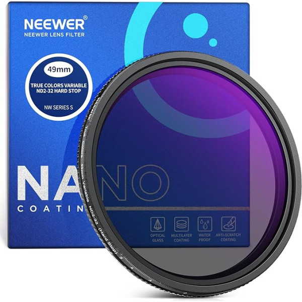 NEEWER 49 mm True Colors Hard Stop Variable ND Filter ND2-32 (1-5 Stops) Limited Grey Filter Accessories, Multi-Coated Optical HD Glass/No X Cross/Alframe/Waterproof/Scratch-Resistant