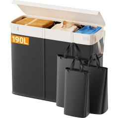 190L Laundry Basket, 3 Compartments and 3 Removable Laundry Bag, Large Laundry Hamper with Lid, Laundry Basket Black, Laundry Bin with Handles, Foldable Laundry Sorter, Laundry Baskets