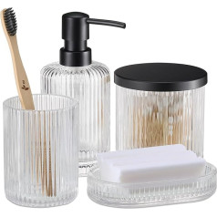 Navaris Bathroom Set of 4 Glass Decorative Bathroom Accessories with Toothbrush Beaker Soap Dispenser Soap Dish Glass Jar Bathroom Accessories Black