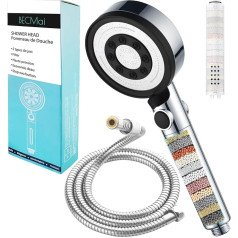 BECMai Shower Head Filter with Hose, High Pressure Shower Head, Water-Saving Shower Head Anti Limescale Shower Head for Hard Water, Hand Shower with Stop Function, 5 Modes Jets, Chrome