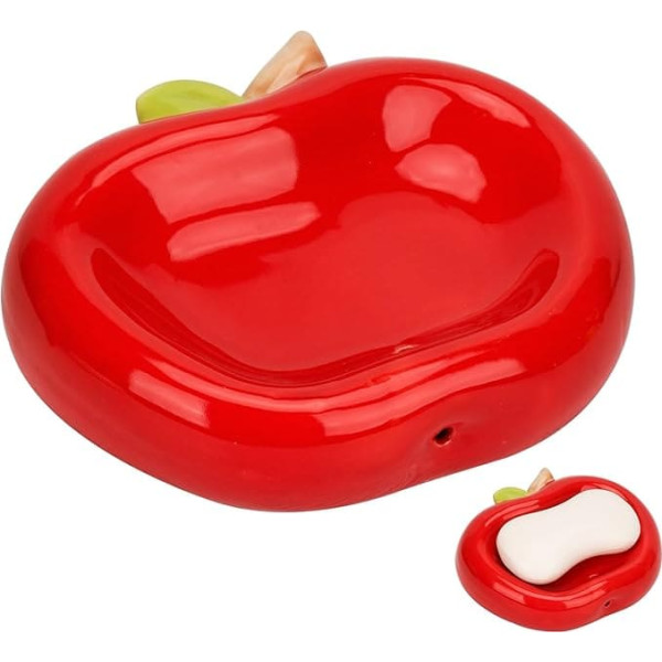 DODAMOUR Apple Shape Ceramic Soap Dish, Decorative Soap Holder with Drainage Holes, No Lid, Side Placement for Bathroom Shelf and Kitchen Sink (Red)