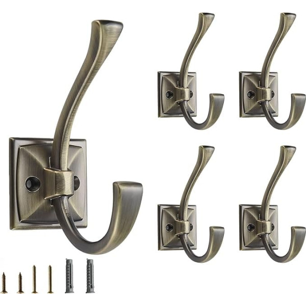 CABDM 5 Pack Double Rustproof Brushed Antique Brass Wall Mounted Towel Hooks with Screws for Keys, Towels, Bags, Cups, Hats