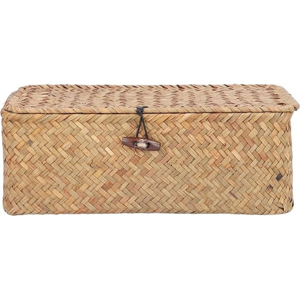 Lwuey Shelf Baskets with Lid, Seagrass Storage Baskets, Hand-Woven Baskets, Multi-Purpose Containers, Rectangular Shelves, Pantry Organisation, Kitchen, Bathroom, Bedroom, Living Room, 23 x 13 cm