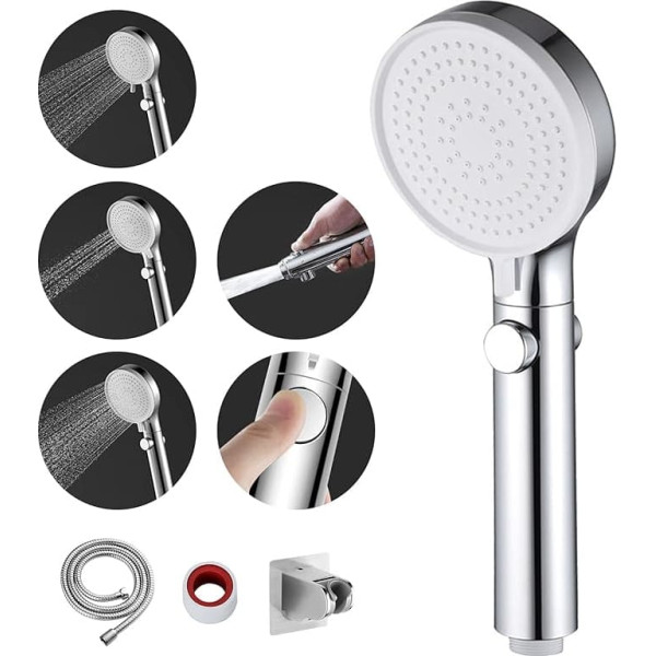 MIAOHUI Shower Head Pressure Increasing Shower Hose with Shower Head, High Pressure Shower Head with Water Stop, 3 Jet Types Shower Head with Hose (Shower Head + Hose + Holder, Chrome)