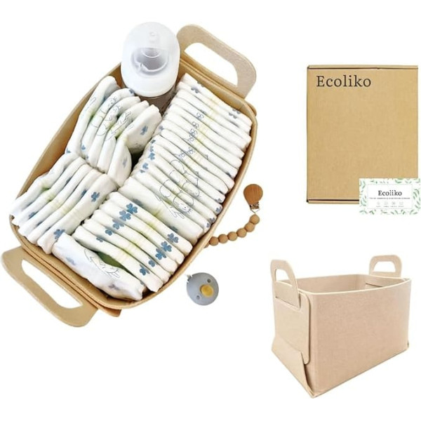 Ecoliko® Changing Table Organiser Basket for Nappies (Beige), Soft Felt Storage Basket for Babies and Children, Odourless, Furniture Surface-Friendly, Foldable, M (approx. 25 x 18 x 15 cm)