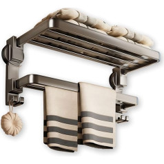 Groyells Towel Holder with Suction Cup, Wall Mounted Towel Rail No Drilling, 90° Foldable, 7 Hooks, 60 cm Double Layer, Black