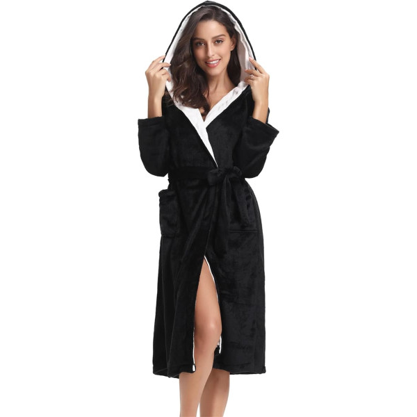 Women's Bathrobe with Hood Dressing Gown Plush House Coat Long Fleece Warm Women's Light Fluffy Pockets Bathrobes for Women