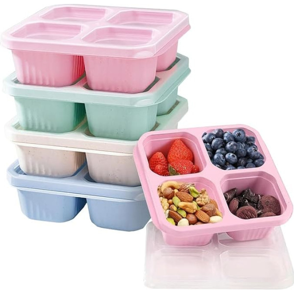 Yeqqzq Snack Boxes, Snack Containers with 4 Compartments, Reusable Bento Lunch Boxes for Kids and Adults, Leakproof, Split Food Storage for School, Work, Travel, Pack of 4