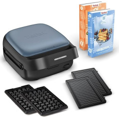 Tefal Snack Collection SW8674F0 700W Sandwich and Waffle Iron, 2 Included Removable Plate Sets, Non-Stick Coating, Space Saver, Includes Recipe Books, Black/Blue