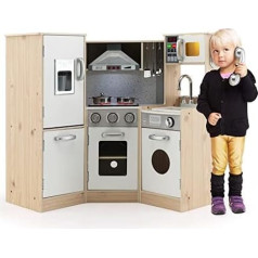 FANTASK Children's Kitchen with Accessories, Wooden Play Kitchen with Light and Sound, Corner Kitchen Children Including Sink, Oven, Microwave Cooker, Toy Kitchen for Children from 3 Years, Model 1