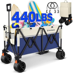Foldable Handcart, 440 lbs Load Capacity, Beach Trolley with Large Railing Wheels, Robust Folding Handcart, Transport Trolley, Shopping Trolley, Foldable for Outdoor Sports, Shopping, Camping, Beige