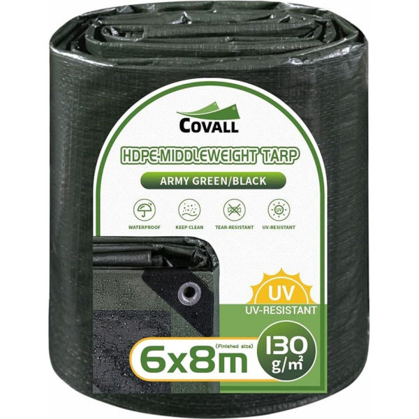 COVALL Tarpaulin Medium Tarpaulin Waterproof 6 x 8 m Army Green/Black Camping Mat 130 g/m² UV-Resistant Fabric Tarpaulin with Eyelets Tent Pool Cover Roof Rain Tarpaulin Motorhome Car Tarp