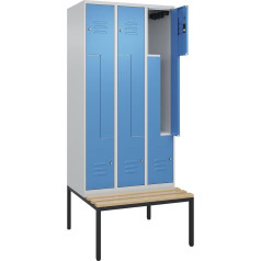 C + P Möbelsysteme C+P | Z-Spind Classic Plus Sitzbank | 3 Abteile | lichtgrau/lichtblau | B 900 mm | Zylinderschloss | untergebaut | Buche-Hartholz
