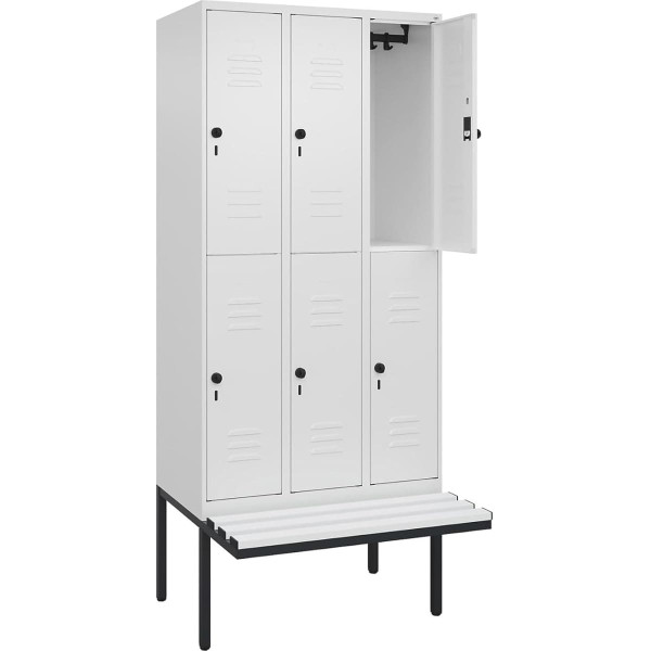C+P | Doppelstock-Spind Classic Plus Sitzbank | 3 Abteile | verkehrsweiß | B 900 mm | Sicherheits-Drehriegel | auskragend | Kunststoff