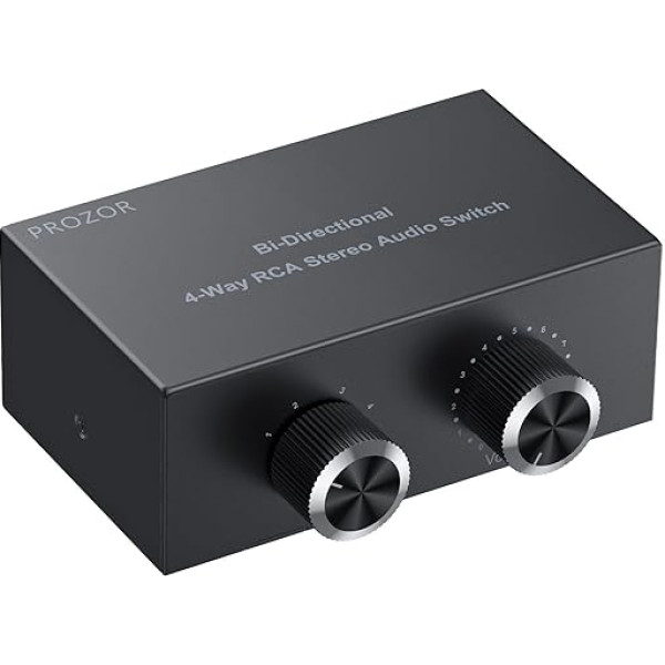 PROZOR Stereo Audio Switch RCA 4(1)-In-1(4)-Out RCA L/R Bi-directional Switch Stereo Audio Switch with Volume Control and Switch Button for DVD Stereo Speaker CD Player