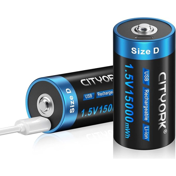 CITYORK Rechargeable D Cell Batteries, 1.5 V 15000 mWh USB Li-Ion D Battery Rechargeable with Type C Cable – Pack of 2