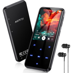 AGPTEK 64GB MP3 Player Bluetooth 5.3 with 2.4 Inch TFT Colour Screen, HiFi Music Children's MP3 Player with Speaker, Touch Buttons, FM Radio, E-Book, Recording, Support up to 128 GB, Black