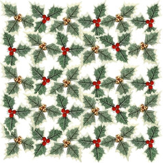 wordmouk Christmas Artificial Holly Berries with Green Leaves, Pack of 30, Artificial Holly Berries, Red Golden Berries, Artificial Holly Berries with Holly Leaves for DIY Table Decoration